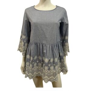 Sweet Magnolia BOHO Lace Blue Embroidered Festival Prairie Cottage Top S